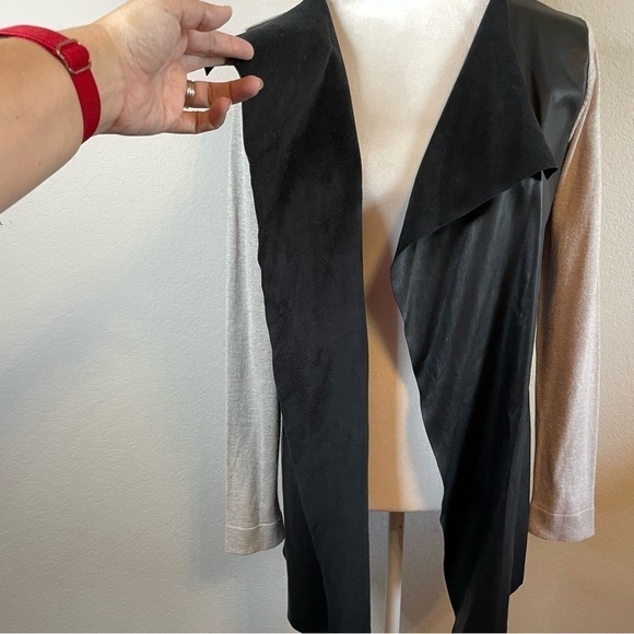 Zara Knit Mixed Media Open Front Waterfall Cardigan Tan and Faux Black Leather - Picture 4 of 9